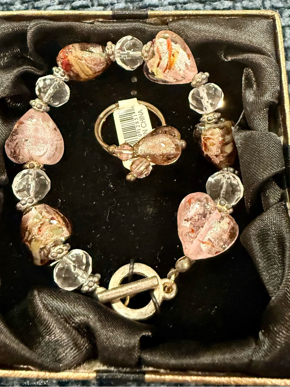 Handcrafted Pink Glass Heart Bracelet and Ring Set
